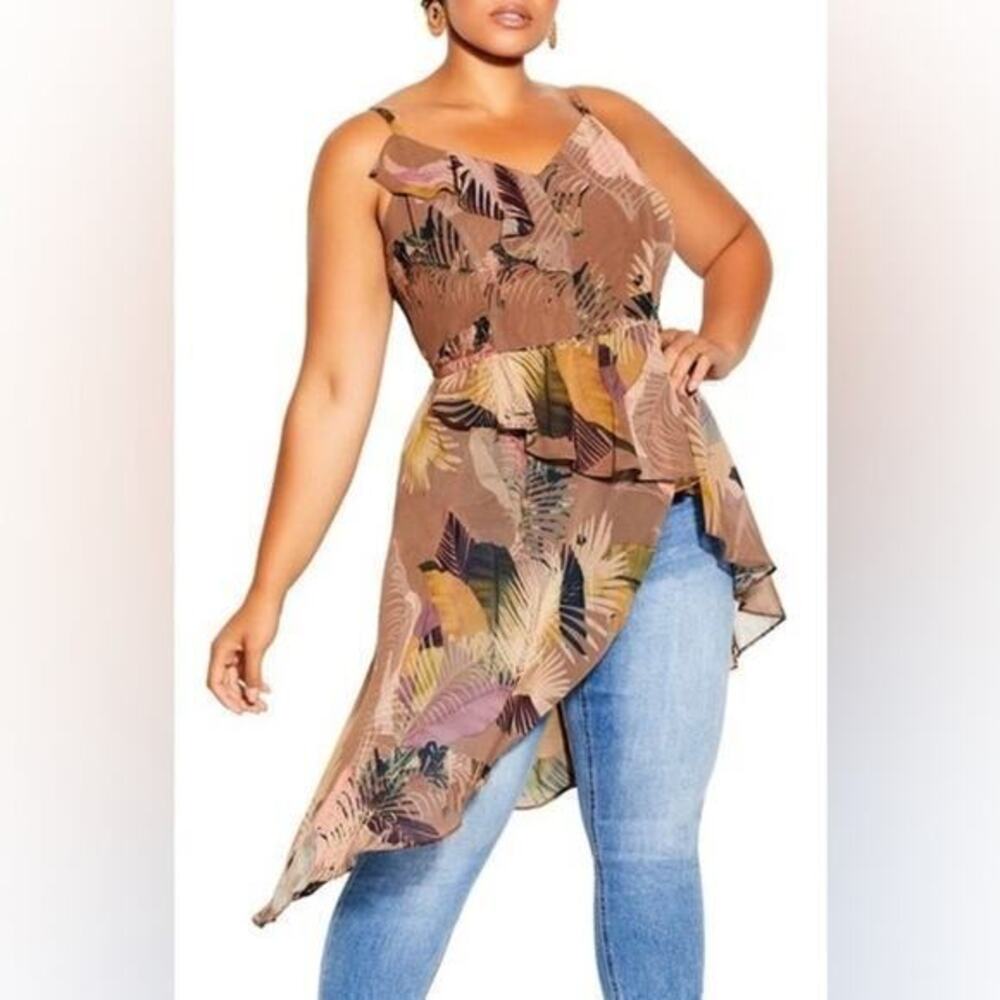 City Chic Taupe Tropical‎ Heat Asymmetric Sleeveless High-Low V-Neck Top 14 NWT